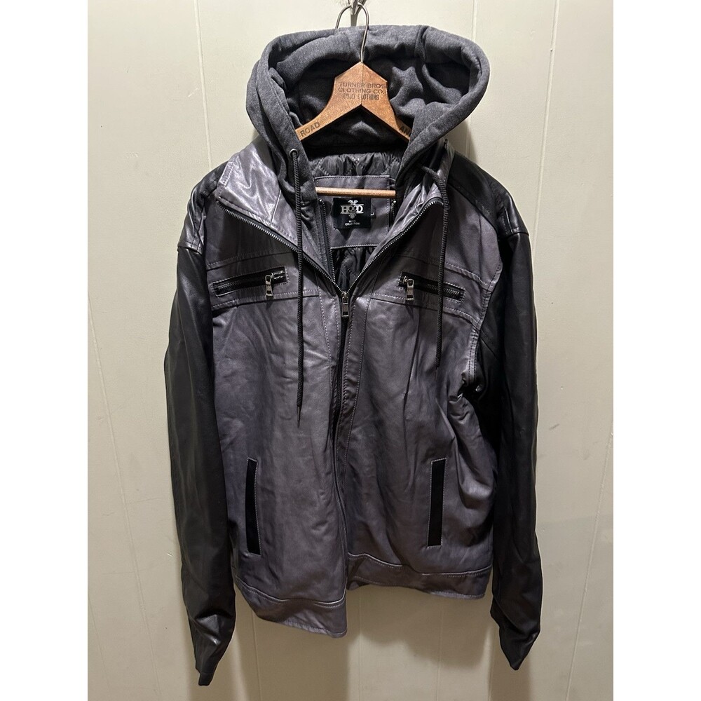 HOOD CREW Faux Leather Detachable Hood Motorcycle Bomber Jacket Men’s Size Large